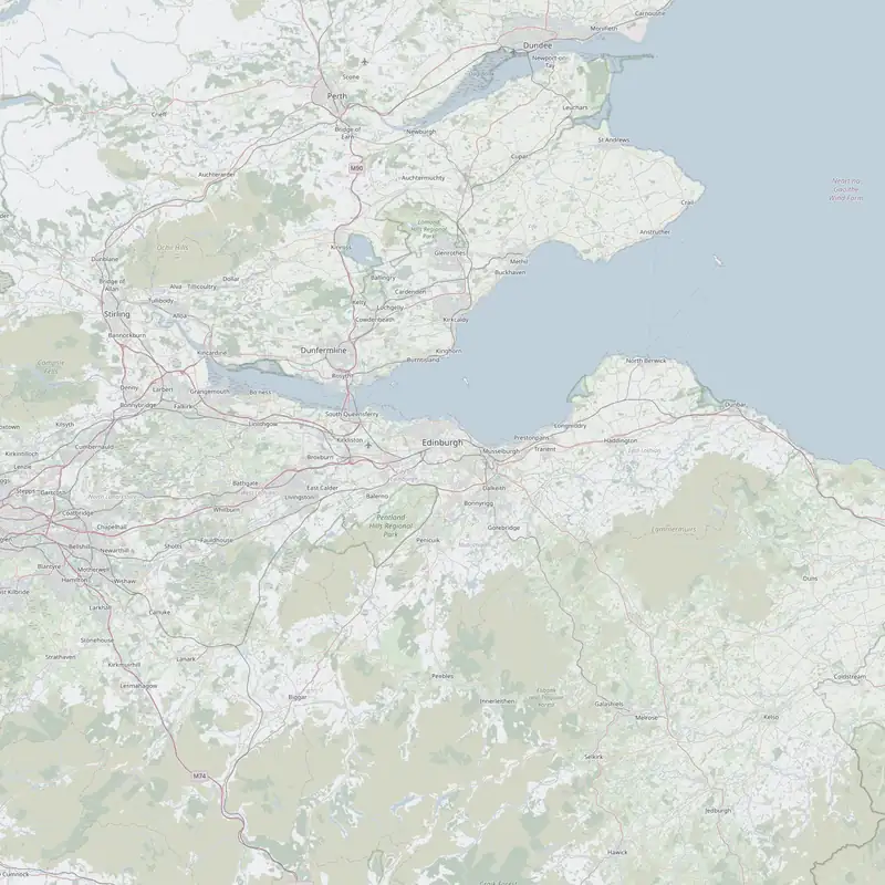 Map of the Edinburgh region with a 35 mile ring around Edinburgh, marking the cities of Edinburgh, Dunfermline, Stirling and Perth and the towns of Musselburgh, Dalkeith, Penicuik, Kirkcaldy, Livingston, Haddington, Glenrothes, North Berwick, Peebles, Falkirk, Dunbar, Cupar, Galashiels and St Andrews
