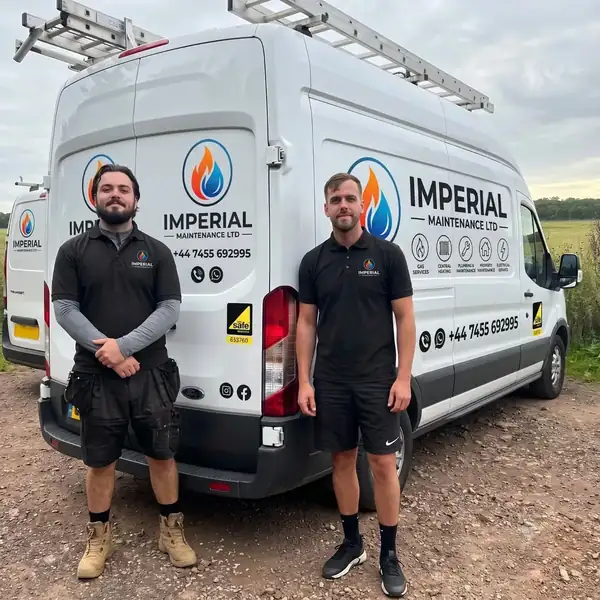 Two Imperial Maintenance engineers standing beside the company van